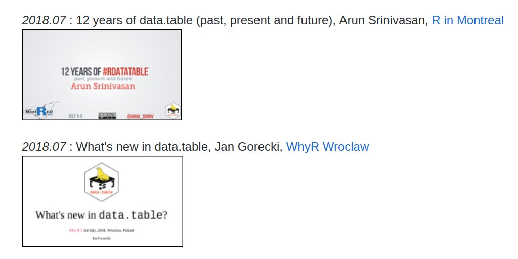 MattDowle's tweet photo. New presentations by Arun and Jan now on the wiki https://t.co/lJtAp8R7eK  #rdatatable #rstats https://t.co/dOe4IlKw5Y