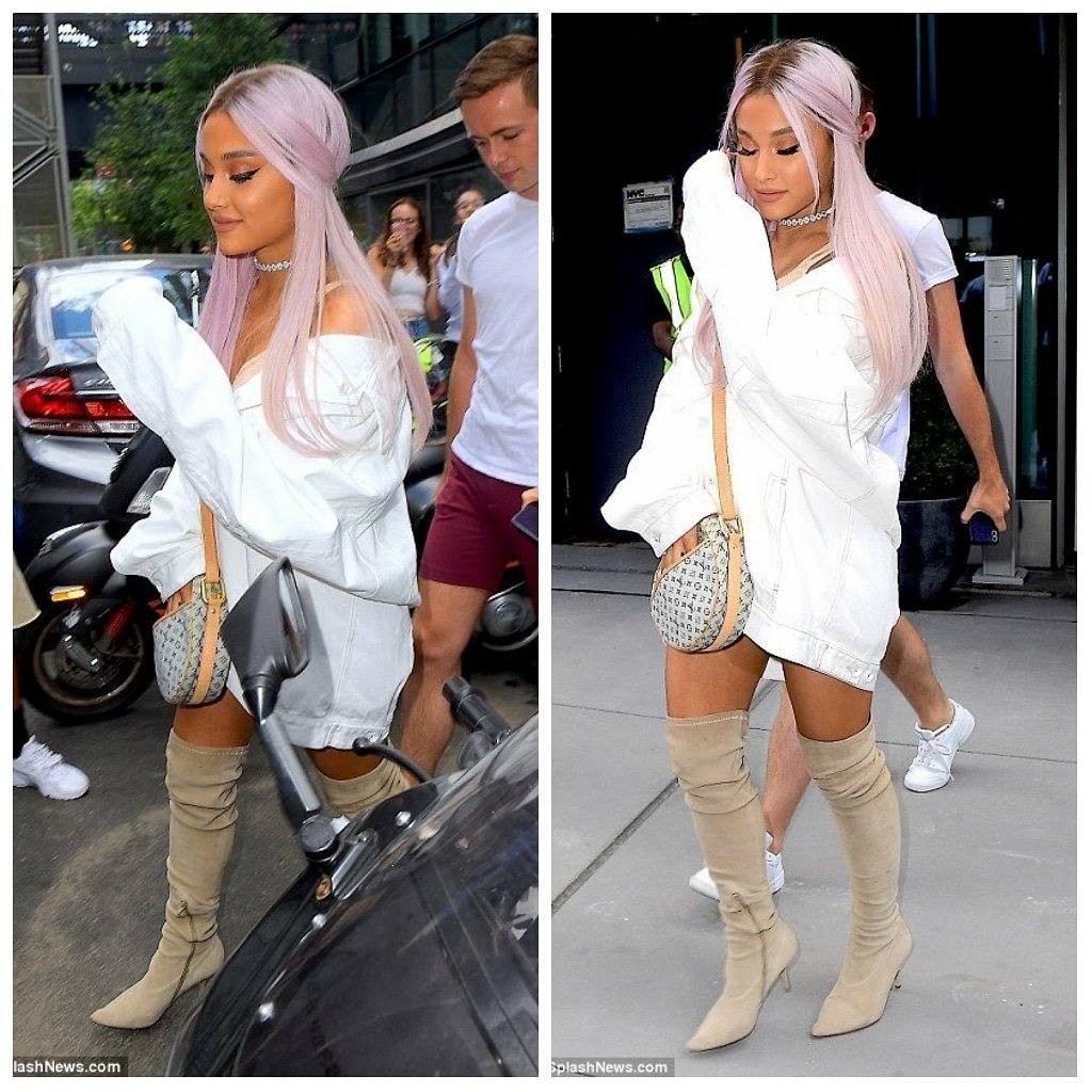 Macy Hart on X: Loving Ariana Grande wearing Oversized Jean Jacket, Yeezy  season 5 suede tan boots and mint Louis Vuitton. She leaves her apartment  with her new hair color inspired by