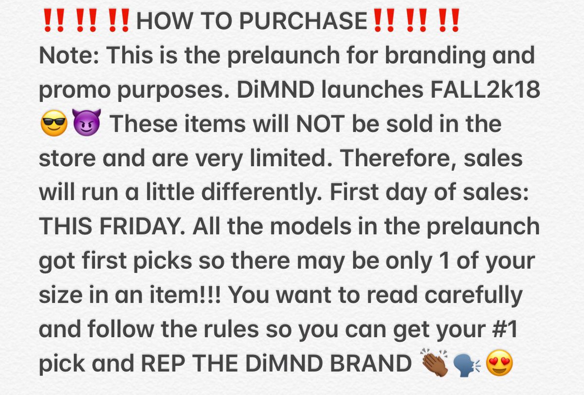 DiMNDSocial's tweet photo. ALL PROFIT WILL GO TOWARDS THE LAUNCH IN THE FALL❤️

Sizes: EVERYTHING IS small-large besides Plus (1x-3x)

Sales for prelaunch items will began 9am tomorrow FRIDAY, 7/20/18
Orders will not be accepted if you do not abide by the instructions below‼️
#ItsLit #IDidIt #DiMND https://t.co/4XT9Z6ugkK