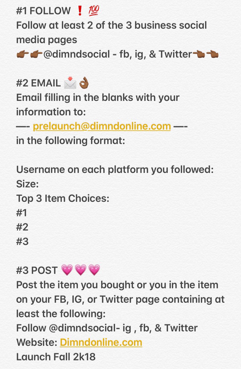 DiMNDSocial's tweet photo. ALL PROFIT WILL GO TOWARDS THE LAUNCH IN THE FALL❤️

Sizes: EVERYTHING IS small-large besides Plus (1x-3x)

Sales for prelaunch items will began 9am tomorrow FRIDAY, 7/20/18
Orders will not be accepted if you do not abide by the instructions below‼️
#ItsLit #IDidIt #DiMND https://t.co/4XT9Z6ugkK