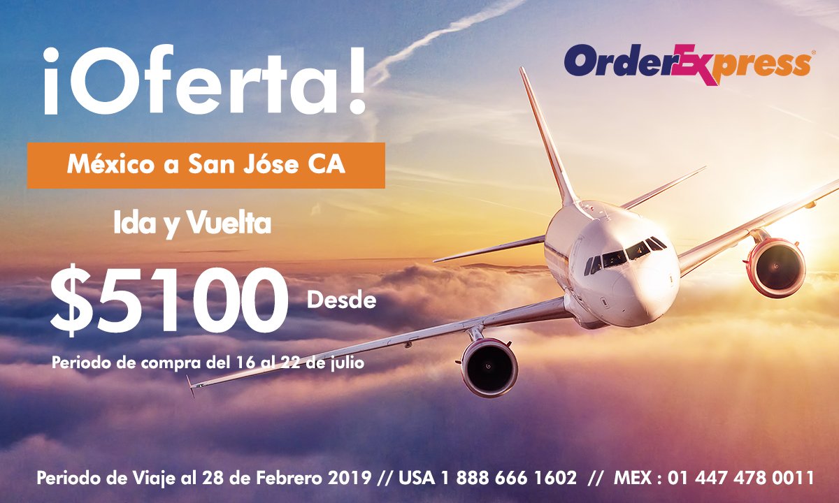 🔥¡Aprovecha esta super Oferta! 
  México City 🇲🇽 a San José California 🇺🇲️
✅ Desde $5100 pesos 🔥🔥 Ida y Vuelta
Periodo de compra del 16 al 22 de julio
Periodo de Viaje al 28 de Febrero 2019

#OrderExpress #Viajes #Ofertas