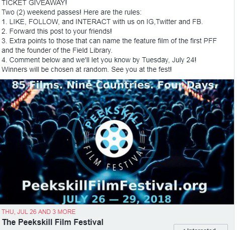 PKfilmfest's tweet photo. Free tix? Just follow the instructions! #filmfestival #peekskill #hudsonvalley #fieldlibrary #paramounthv https://t.co/Nrks9GcllB