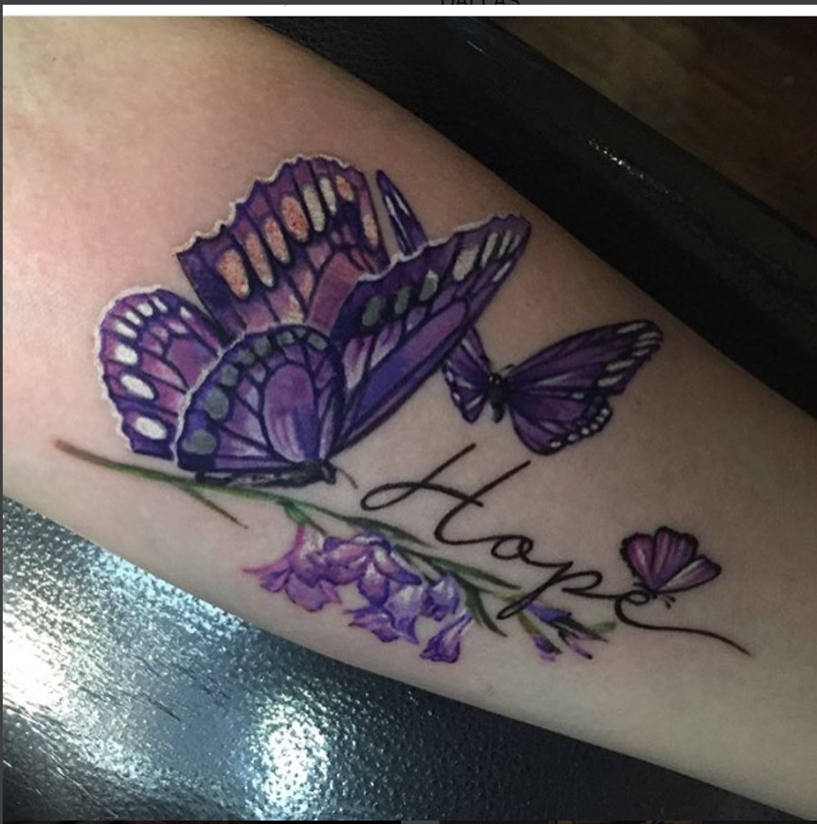 Butterfly tattoo by Brenna McLaughlin at Dark Age Tattoo Studio in Denton  Texas #dallas #dfw #denton #tattoo #butterflytattoo #colortattoo #realistic  #realism #inked #bodyart #purple #leaves #hopetattoo, image size:1190x1200