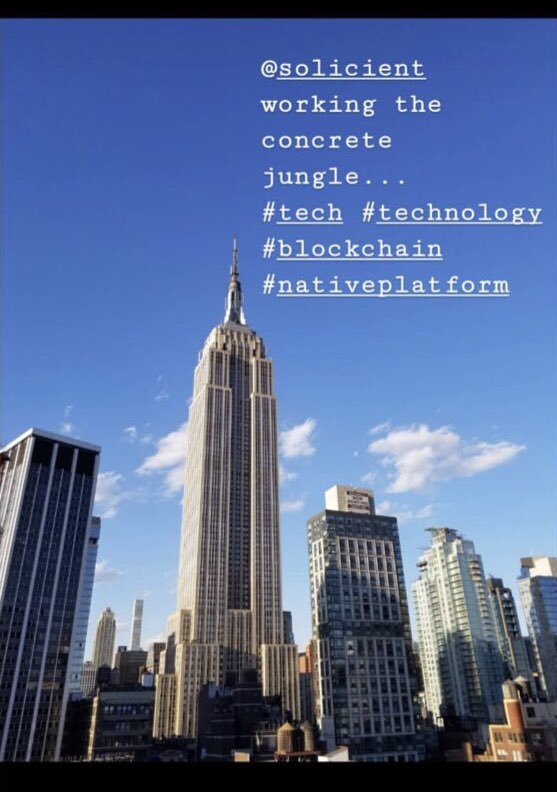 Solicient's tweet photo. Thank you @RickyBrava for pounding the concrete jungle today #tech #technology ##blockchainnovation #nativeplatform https://t.co/RXC2ZVg7Ao