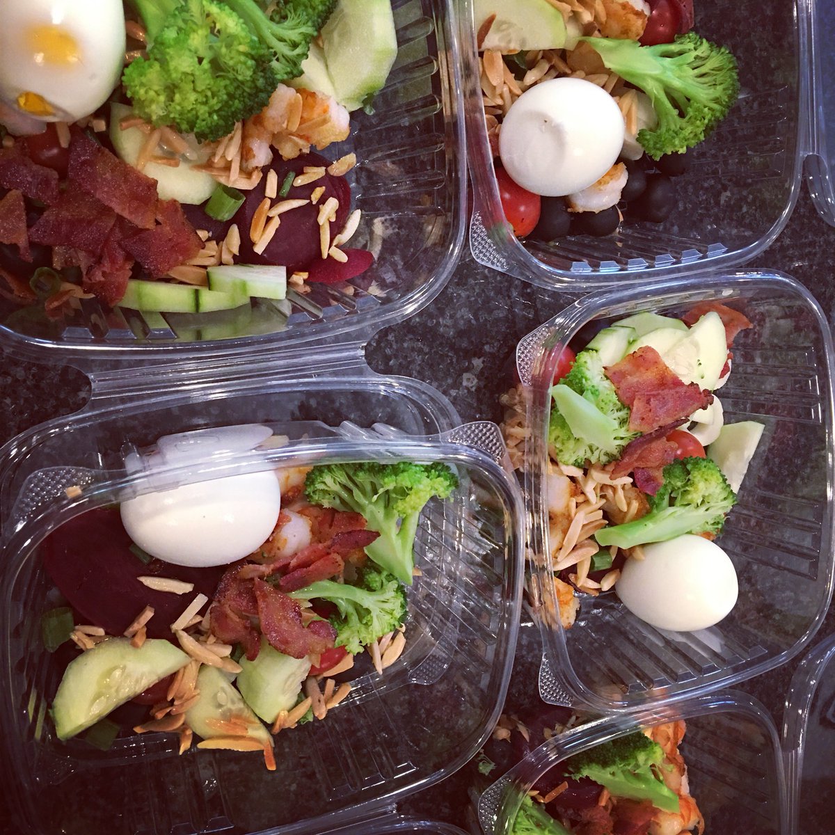 BarbaraBoser's tweet photo. When life gets busy the best way to avoid temptations is to have food easily prepared! #mealplanning 

This has 🍤 🥓 🥚  🍅 🥒, beets, almonds cooked in coconut oil,  broccoli and then I just add lettuce, 🥑  and #Keto friendly dressing when I’m ready to eat it 🤗 https://t.co/MWwe36TXyx