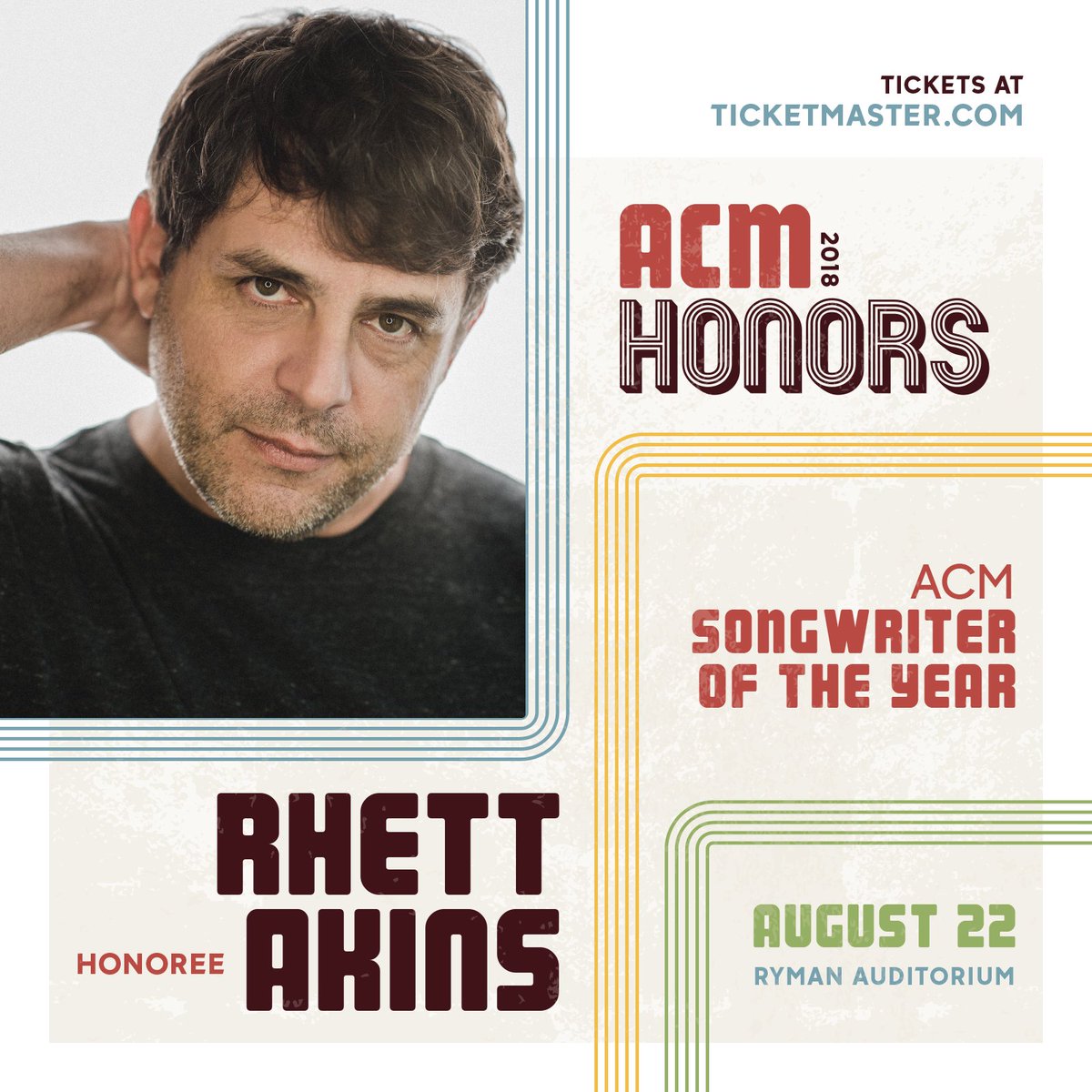 I am honored to be accepting the Songwriter of the Year Award at this year’s #ACMhonors on August 22 at @TheRyman in Nashville. Tickets for the 12th annual event are available here: bit.ly/ACMhonors18