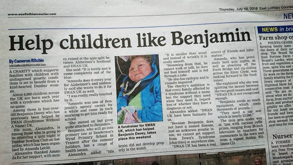 Well charity quiz night is finally tomorrow night , wee bit in our local paper <a href="/elcourier/">East Lothian Courier</a> , thanks <a href="/ELCCRitchie85/">Cameron Ritchie</a> , <a href="/thelongchain/">Alex</a> <a href="/alzscot/">Alzheimer Scotland</a> <a href="/SWAN_UK/">SWAN UK (syndromes without a name)</a> special thanks to <a href="/poppapete299/">Pete Conway</a> <a href="/AnnetteBadland1/">Annette Badland</a> <a href="/brenda_edwards/">Brenda Edwards</a> , Thanks for all your support