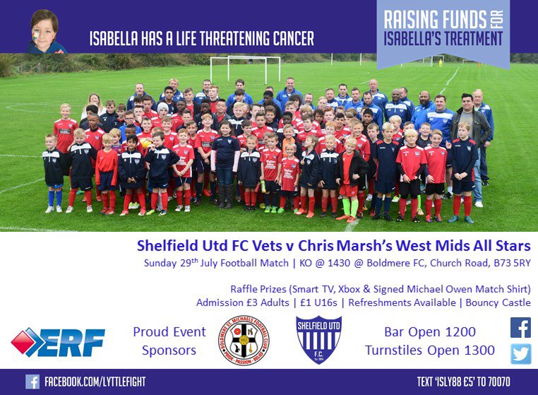 ShelfieldUtdFC's tweet photo. Come and support @LyttleFight next Sunday, July 29 at Boldmere FC. Promises to be a fantastic game with Shelfield Vets taking on a West Mids All Star team lead by Chris Marsh. #LyttleFight #CWordChallenge https://t.co/xqzodvVGYW