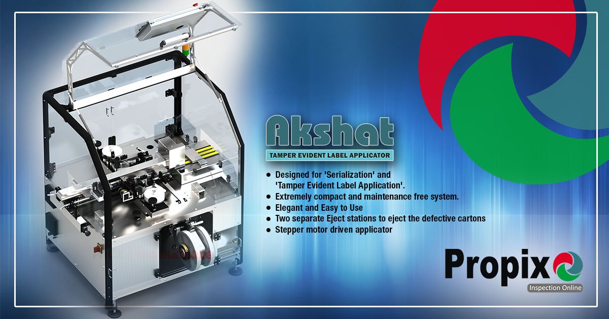 PropixTech's tweet photo. 'Akshat - Tamper evident' is a special purpose 'Label Applicator' designed for 'Serialization' and 'Tamper Evident Label Application'.
Extremely Compact design with maintenance free system. @PropixTech #tamperevident #pharmaserialization #tamperevidentlabelapplicator https://t.co/B5um04TyKy