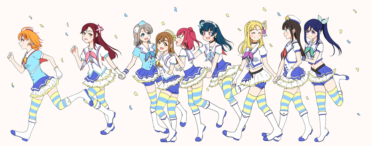 国木田花丸 ,黒澤ダイヤ ,黒澤ルビィ ,松浦果南 ,小原鞠莉 ,桜内梨子 ,高海千歌 ,津島善子 ,渡辺曜 「青ジャンの日らしいので再掲(修正版) 」|ばしらのイラスト