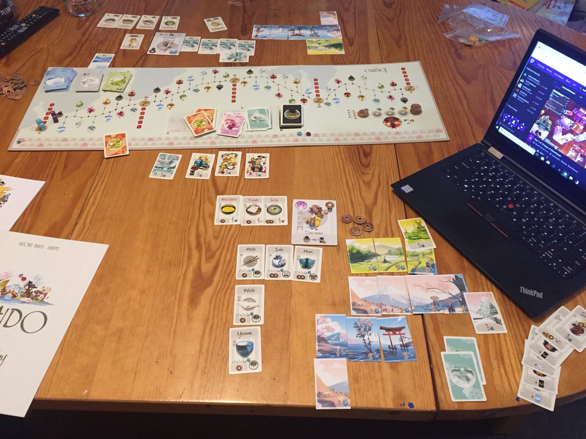 shawnlogame's tweet photo. Playing Tokaido with my daughter while also watching @HackedTabletop which she just won by 8 points. https://t.co/W1V2dgPwVy