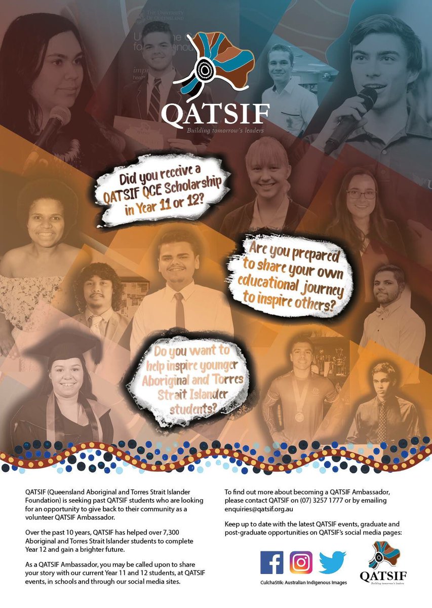 QATSIF's tweet image. QATSIF Ambassadors:  Calling any of QATSIF's 5000+ graduates who might like to share their inspirational stories with the next generation of young Indigenous leaders. Please contact us on enquiries@qatsif.org.au or on 3257 1777 to express your interest.