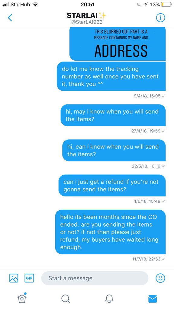 GUANLINSTAR_SG's tweet photo. StarLAI923 has been ignoring my messages for months now which is why all buyers who bought her MOONLIGHT goods have still not received anything. I asked her to ship it out way before Wanna One’s tour started #WANNAONE #워너원 https://t.co/T3KM2AyyFv