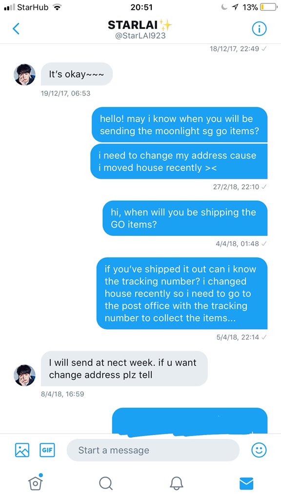 GUANLINSTAR_SG's tweet photo. StarLAI923 has been ignoring my messages for months now which is why all buyers who bought her MOONLIGHT goods have still not received anything. I asked her to ship it out way before Wanna One’s tour started #WANNAONE #워너원 https://t.co/T3KM2AyyFv