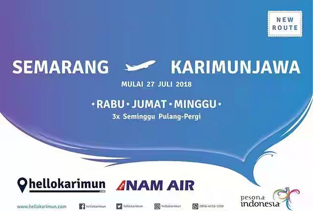 RESMI!

Rute Penerbangan Semarang-Karimunjawa
Mulai Jumat 27 Juli 2018
3x Seminggu Round-Trip
Rabu, Jumat, Minggu

NAM Air PK-NYT ATR 72-600 SRG-KWB

#JatengGayeng 
#KemalaJateng