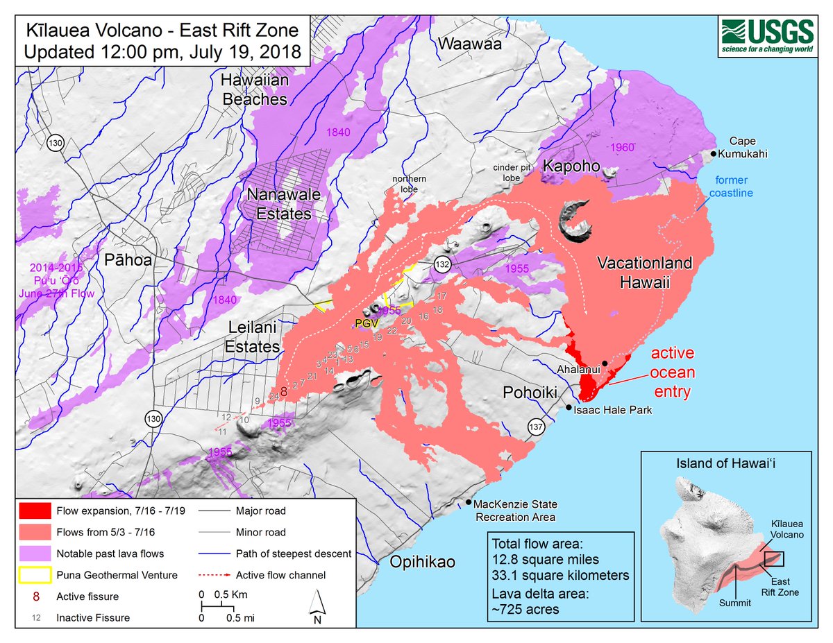 USGSVolcanoes's tweet photo. Hereʻs todayʻs #HVO #Kilauea #LERZ #lava flow map, current as of 12:00 p.m. HST.
#OceanEntry continues to migrate southwest and was 500 m from Isaac Hale Park boat ramp this morning.
#KilaueaErupts #KilaueaEruption https://t.co/HcYIKrtWtD