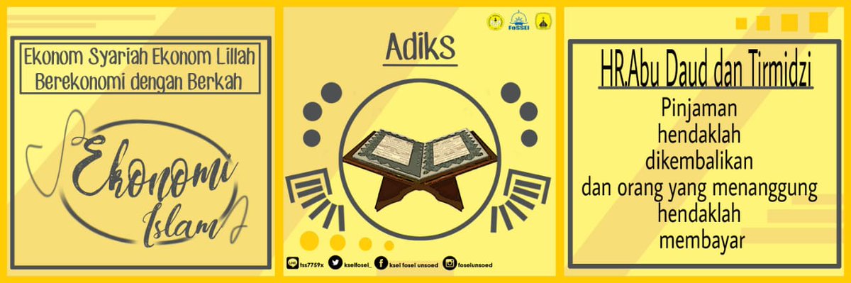 [ ADIKS ]
Dhoman artinya tanggungan atau jaminan. Dengan demikian, dhoman adalah menjamin atau menanggung untuk membayar hutang, menggadaikan barang atau menghadirkan orang pada tempat yang ditentukan.
Selengkapnya cek Instagram.com/foseiunsoed/ 😊
#FoseiBersinar
#KitaFosei
#Adiks