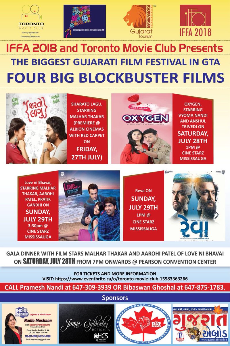 PrameshNandi's tweet photo. THE BIGGEST GUJARATI FILM FESTIVAL IN TORONTO. MEET AND GREET SUPERSTAR MALHAR THAKAR ON PREMIERE OF HIS NEW MOVIE “ SHARATO LAGU”. Four BLOCKBUSTER MOVIES. DONT MISS. JULY 27/28/29. https://t.co/51Vyk9Jh1X
