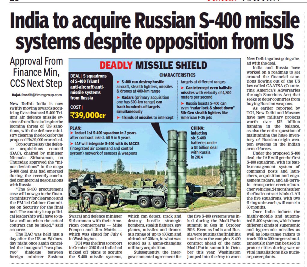 IamRajat_Pandit's tweet image. As India and The US confirm their inaugural #2plus2 dialogue will take place in New Delhi on Sept 6, my earlier Exclusive story on India to go ahead with Russian S-400 air defence deal despite US opposition