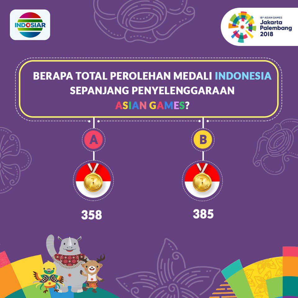Kira-kira berapakah total perolehan medali Indonesia sepanjang keikutsertaannya di Asian Games?
#AsianGames2018 #EnergyOfAsia #IndonesiaBangga