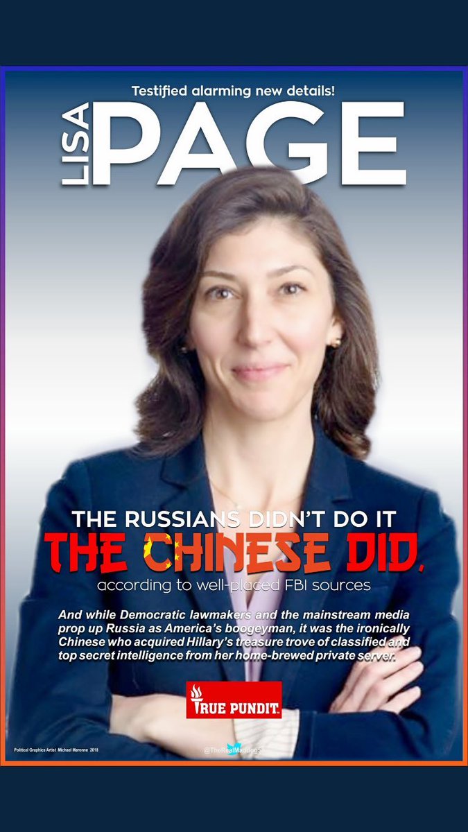 MAGAinSoCal's tweet photo. The #Chinese did it!

So does this mean President @realDonaldTrump was #RightAgain?

#LisaPage #Page #RussianHacking #ChineseHacking #RussianCollusion #ElectionInterference #Russia #Putin #Russian #WalkAway #OperationMockingbird #Propaganda https://t.co/s5p0ChKb3c