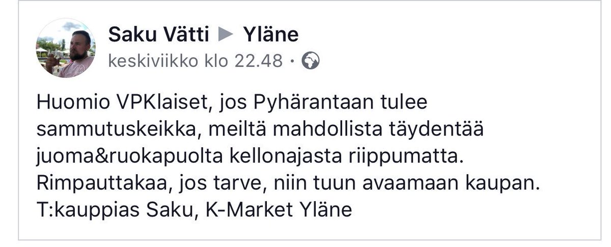 #Maastopalo’jen sammuttaminen on rankkaa ja se vaatii paljon myös huoltotoiminnalta. Tällaista joustoa kaivataan kentällä tällä hetkellä #Pyhäranta-palon osalta, erinomaisen hyvää toimintaa kauppiaalta! Kiitos! #pelastustoimi