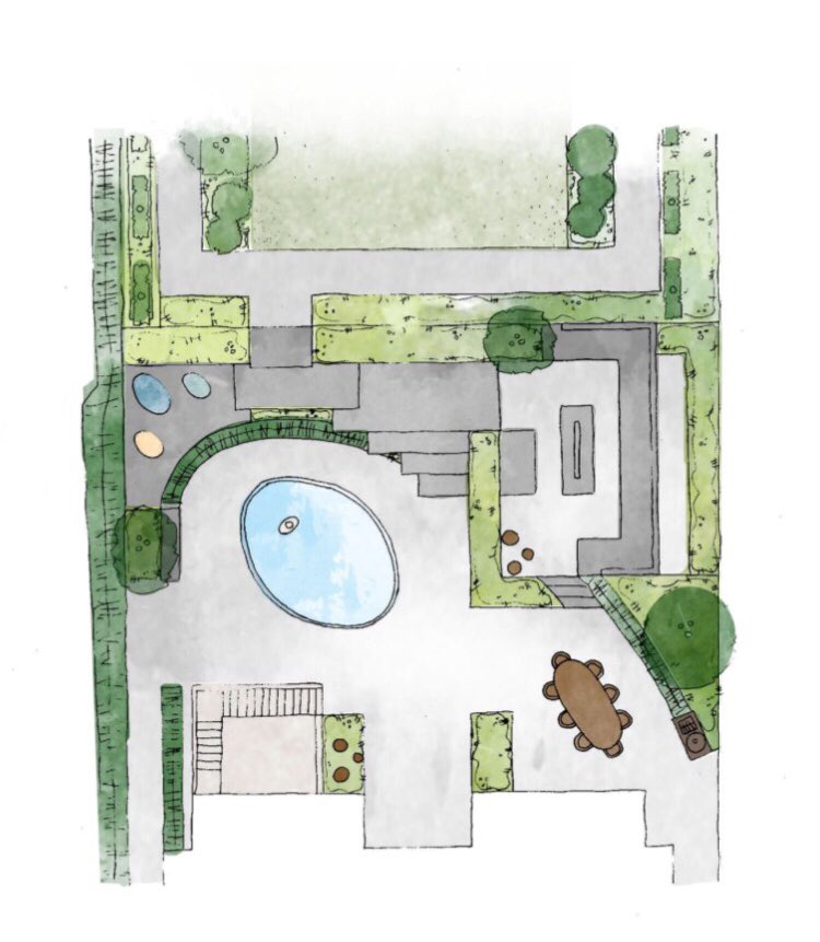 mark_latchford's tweet image. Early concept sketches for a multilevel contemporary garden in London. A @BowlesWyer team effort #gardendesign #waterfeature #infinityedge #firetable #entertainingareas #pebbleseats #gardensculpture #featurewall #floatingstairs #multistemtrees #handdrawing #conceptdesign #sketch