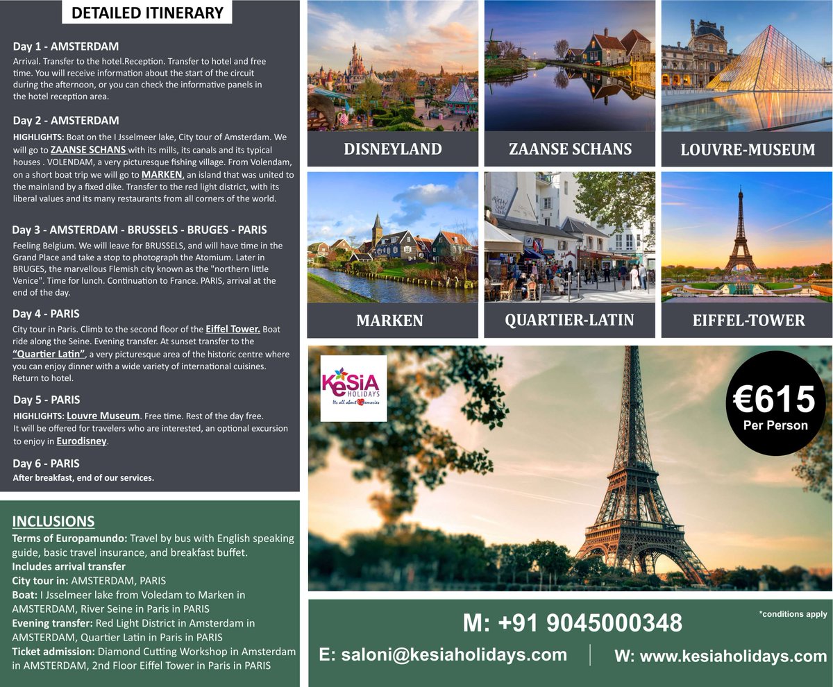 Explore the magical Europe with Kesia Holidays !! #europeanstyle #europetour #toursim #packages #travel #holidays #vacations #familytours #honemoontour #eifeeltower #paris #pariscity #amsterdam #disneyland #brussels #bruges #riverseinecruise #riverseine #louvremuseum #book #now