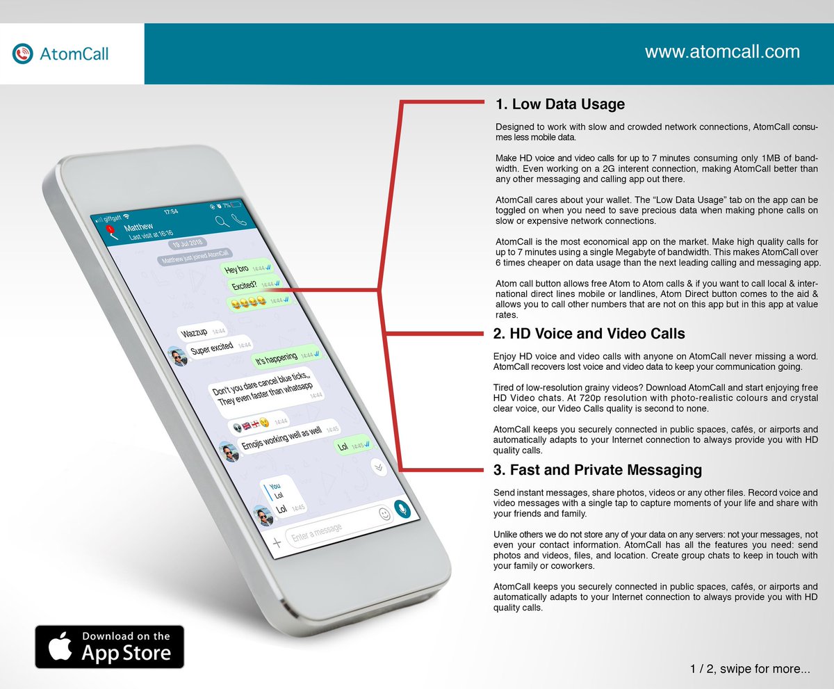 daveyscott01's tweet photo. “Hello World”
AtomCall soft phone is here!
If you are on IOS, Download our low data usage new soft phone with free app to app Chat. Low data usage, HD video & audio calls, HD international direct calls. Android version available August 13th. #AtomCall @atomcallreal https://t.co/ztT4Sau0UQ