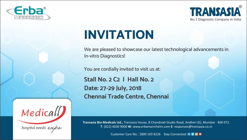 Transasia_1's tweet photo. Visit us at Stall no. 2, Hall no. 2 at Chennai Trade Centre for exploring our latest technological advancements in in-vitro diagnostics #Medicall2018 #diagnositcs #invitrodiagnostics https://t.co/nJ1tEKTSAC