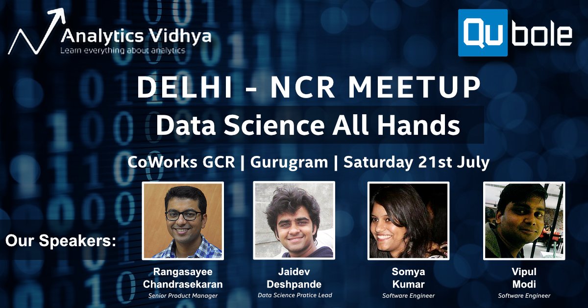 AnalyticsVidhya's tweet image. Announcing the exciting speaker lineup for the upcoming data science meetup happening this Saturday in association with @Qubole. Hear out sessions on #distributedmachinelearning and #deeplearning on 21st July. Reserve your seat now: buff.ly/2LgaQBQ