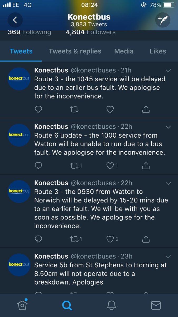 NorwichBusBlog's tweet photo. Konect and Lynx put out information of delayed or cancelled buses. First just tweet “good morning”, “good evening” and “sorry your bus was late, let me look into it for you” as a reply to anyone that happens to ask! https://t.co/h9VGdDqOqX