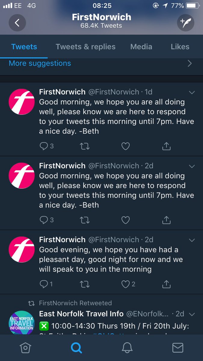 NorwichBusBlog's tweet photo. Konect and Lynx put out information of delayed or cancelled buses. First just tweet “good morning”, “good evening” and “sorry your bus was late, let me look into it for you” as a reply to anyone that happens to ask! https://t.co/h9VGdDqOqX