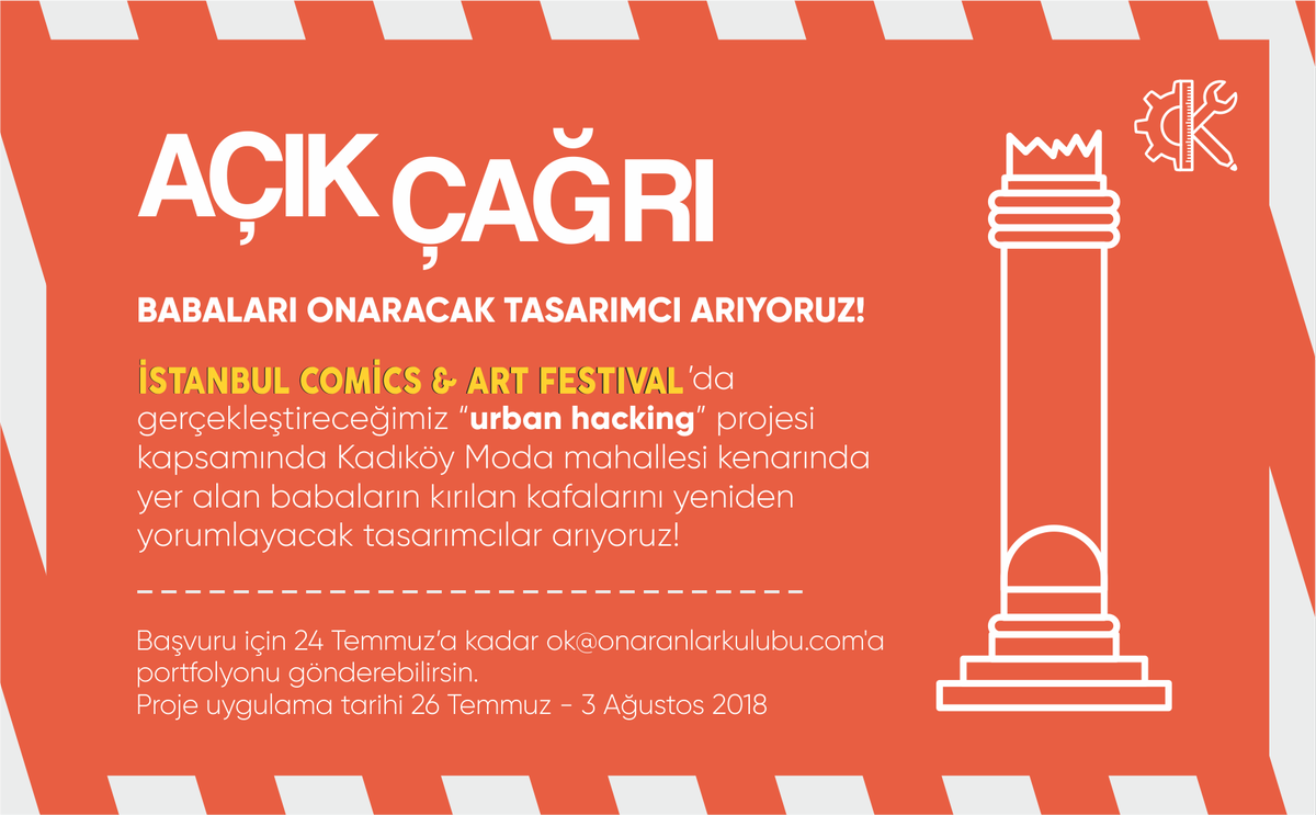onaranlarkulubu's tweet image. 📣AÇIK ÇAĞRI! Istanbul Comics &amp;amp; Arts Festival kapsamındaki #urbanhacking sergisi için Kadıköye Moda&apos;daki babaları bizimle birlikte onaracak, 3 boyutlu modelleme bilen tasarımcılar arıyoruz! 📬Portfolyolar 24 Temmuz&apos;a kadar ok@onaranlarkulubu.com&apos;a! #YenidenOK