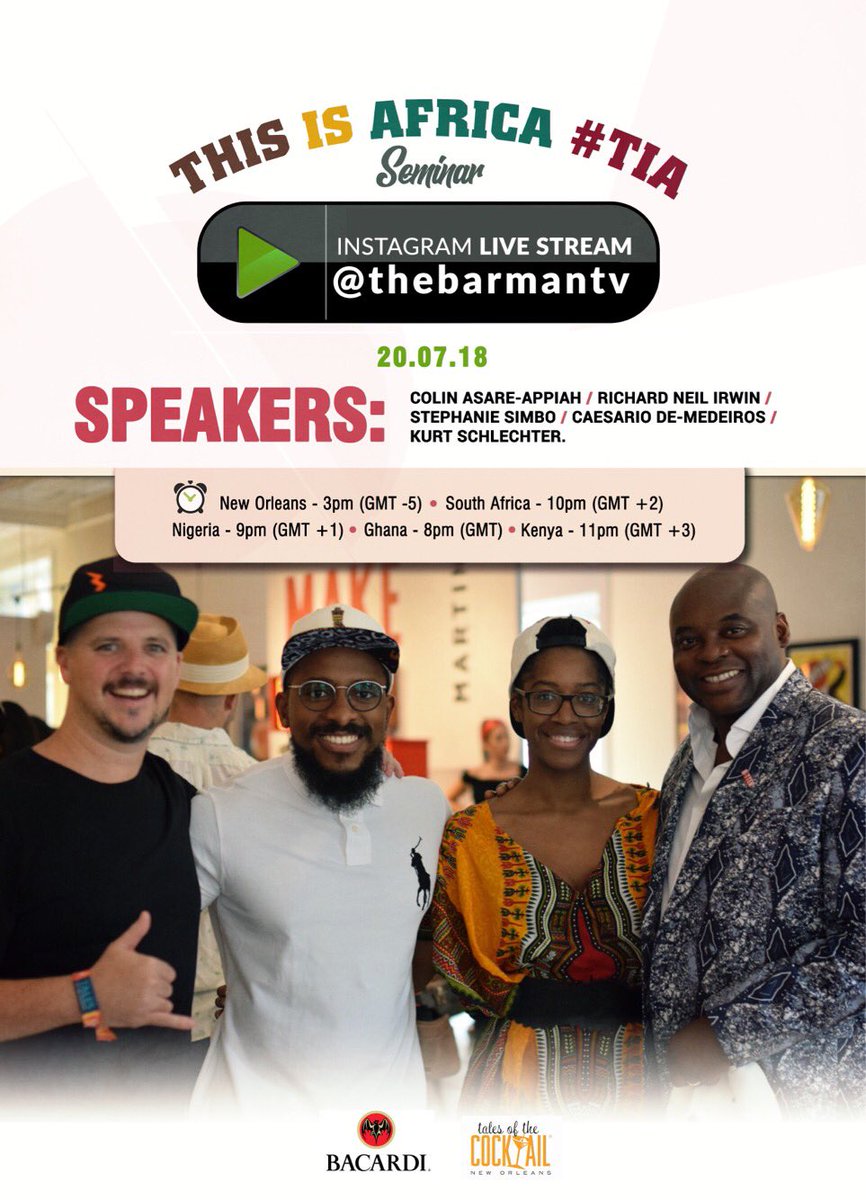 Hello! We’ll be live streaming the #THISISAFRICA seminar at <a href="/totc/">Tales of the Cocktail</a> on our Instagram <a href="/thebarmantv/">The Barman TV</a> at 3pm Local Time in New Orleans!
Wanna watch it? We’ve listed the local times in the graphic, just head over to our IG to watch. 
#talesofthecocktail #neworleans