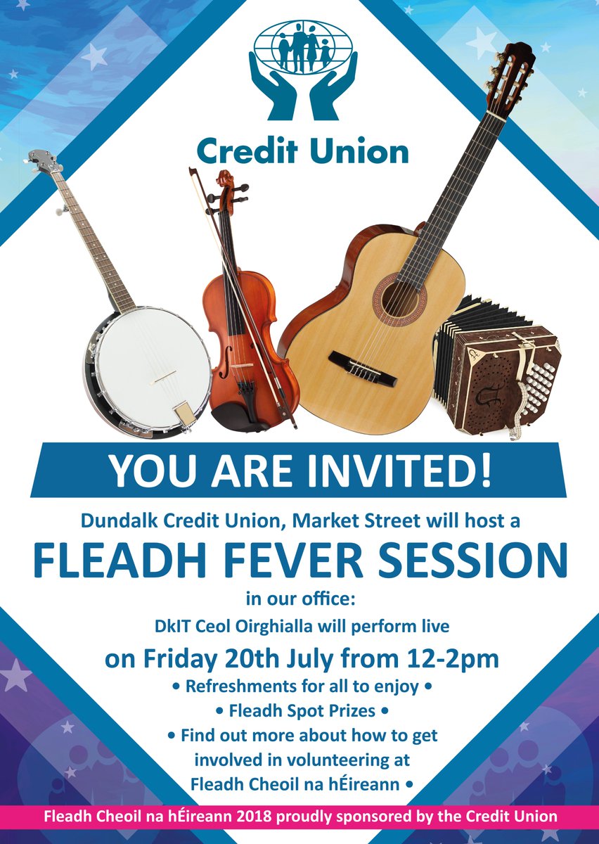 #FleadhCheoil fever is kicking off in Dundalk Credit Union 12-2pm today with Ceol Oirghialla from @DkIT_ie's @MusicDkIT! 

To find out about the @fleadhcheoil Volunteer Programme call in & have a chat with @volunteerlouth who will also be in @dundalkcu 12-2pm today 🎻#LouthChat