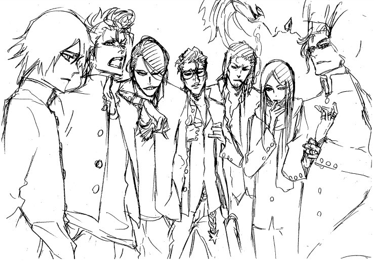 少年ジャンプ編集部 Bleach 昨日解禁された Bleach イラスト集 Jet 掲載予定の久保先生描き下ろしカラー イラスト下絵を大公開 学ラン姿の破面 星十字騎士団 これと対になる死神たちのイラストもあるとか 久保先生曰く さらにあれこれ少しずつ