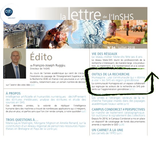 MSH_A's tweet image. 👥💬 La communauté #shs en région grenobloise #HumagoraGre est mise à l'honneur dans la 54e lettre de @inshs_cnrs (page 12 à 14) 👏
📰 Pour lire l'article : cnrs.fr/inshs/Lettres-…
👩‍💻👨‍💻 La communauté Humagora : echosciences-grenoble.fr/communautes/hu…