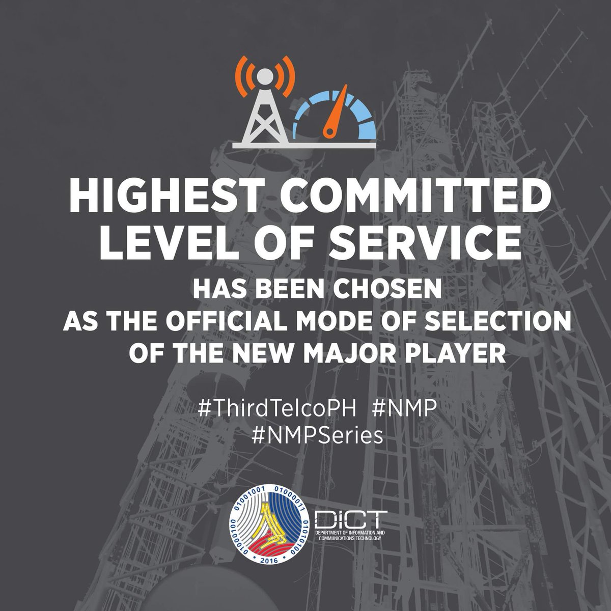 DICTgovph's tweet photo. BREAKING: The Highest Committed Level of Service (HCLoS) has been chosen as the mode of selection of the New Major Player after the final deliberation of the Oversight Committee for the Entry of a New Major Player in the Public Telecommunications Market.
#HCLoS #ThirdTelcoPH #NMP https://t.co/nuJTLRwZkb