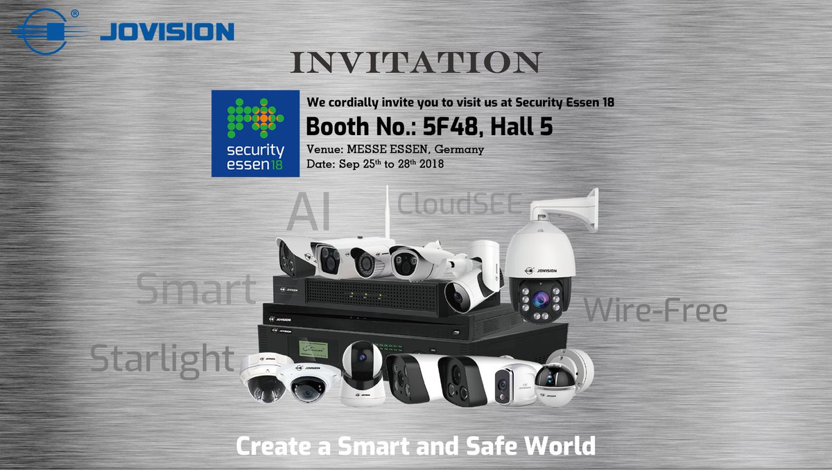 We cordially invite you to visit us at Security Essen18.
Booth No.:5F48, Hall5. 
Venue: MESSE ESSEN, Germany
Date: Sep 25th to 28th 2018
#security #jovision #Germany #securityessen18