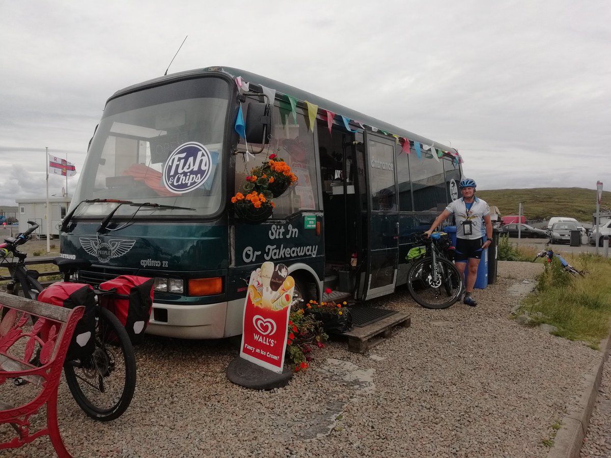 meunwin's tweet photo. Bye bye Berneray Hello Harris..my home town! I raced 
17 cyclists off the @calmac ferry to get a hot bacon roll at the famous butty bus. Only 23 miles to Tarbert past the best beaches in the world and interestinly the One Show were setting up at Talla Na Mara!! https://t.co/nb0XJO4WoM