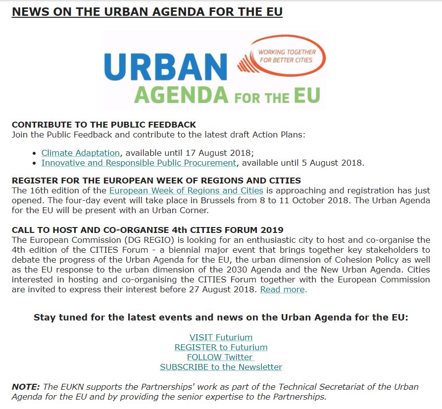 EUKN_EGTC's tweet image. Did you know that you can contribute to the Urban Agenda for the EU?
The stakeholders are invited to share their input on several Partnerships' #ActionPlans in the #PublicFeedback - an opportunity not to be missed! Find out more in the EUKN newsletter: mailchi.mp/eukn/eukn-urba…]