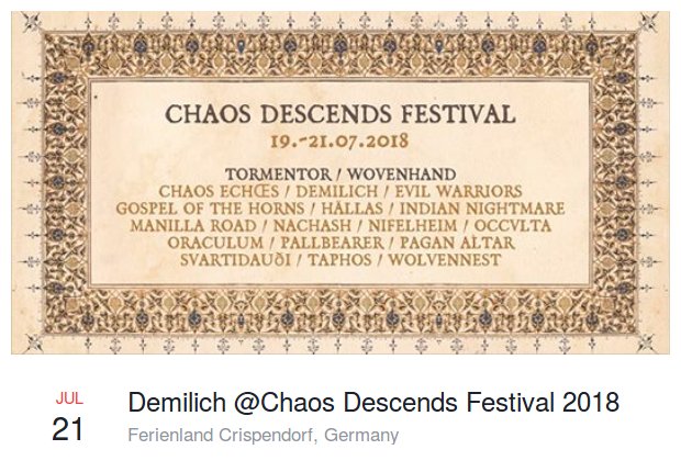 DemilichBand's tweet photo. Demilich descends at Chaos Descends Festival tomorrow!
#Demilich #ChaosDescends #Festival #HashtagsLongerThanContent #OldSchool #DeathMetal #OSDM #FinnishDeathMetal #OSFDM #FinnishMusic https://t.co/bgh9CyRnjo