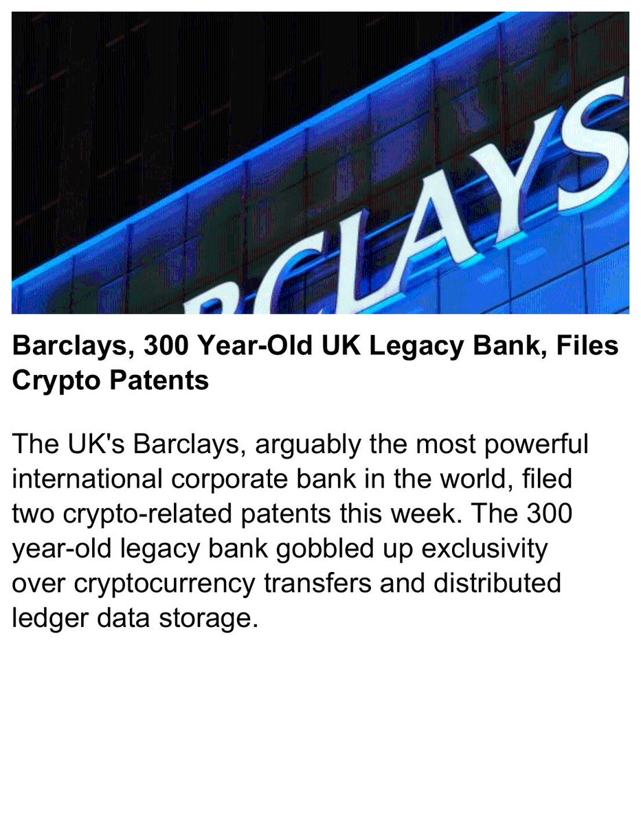 NewsCryptoCoins's tweet photo. Barclays, 300 Year-Old UK Legacy Bank, Files Crypto Patents

#Barclays #Cryptocurrency #Bitcoin #Altcoins #CryptoPatents 
https://t.co/WvqyAnhY6w https://t.co/zzWkePzvRk