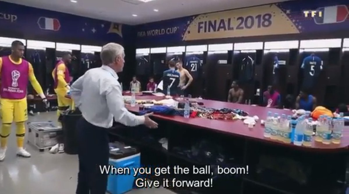 RacepointLife's tweet photo. "When you get the ball boom" just one of the many reasons why we love the behind-the-scenes footage of Didier Deschamps' half-time team talk during the Fifa World Cup 2018 Final. Fascinating content from @FFF #FridayMotivation https://t.co/bcqD9Q8qnz