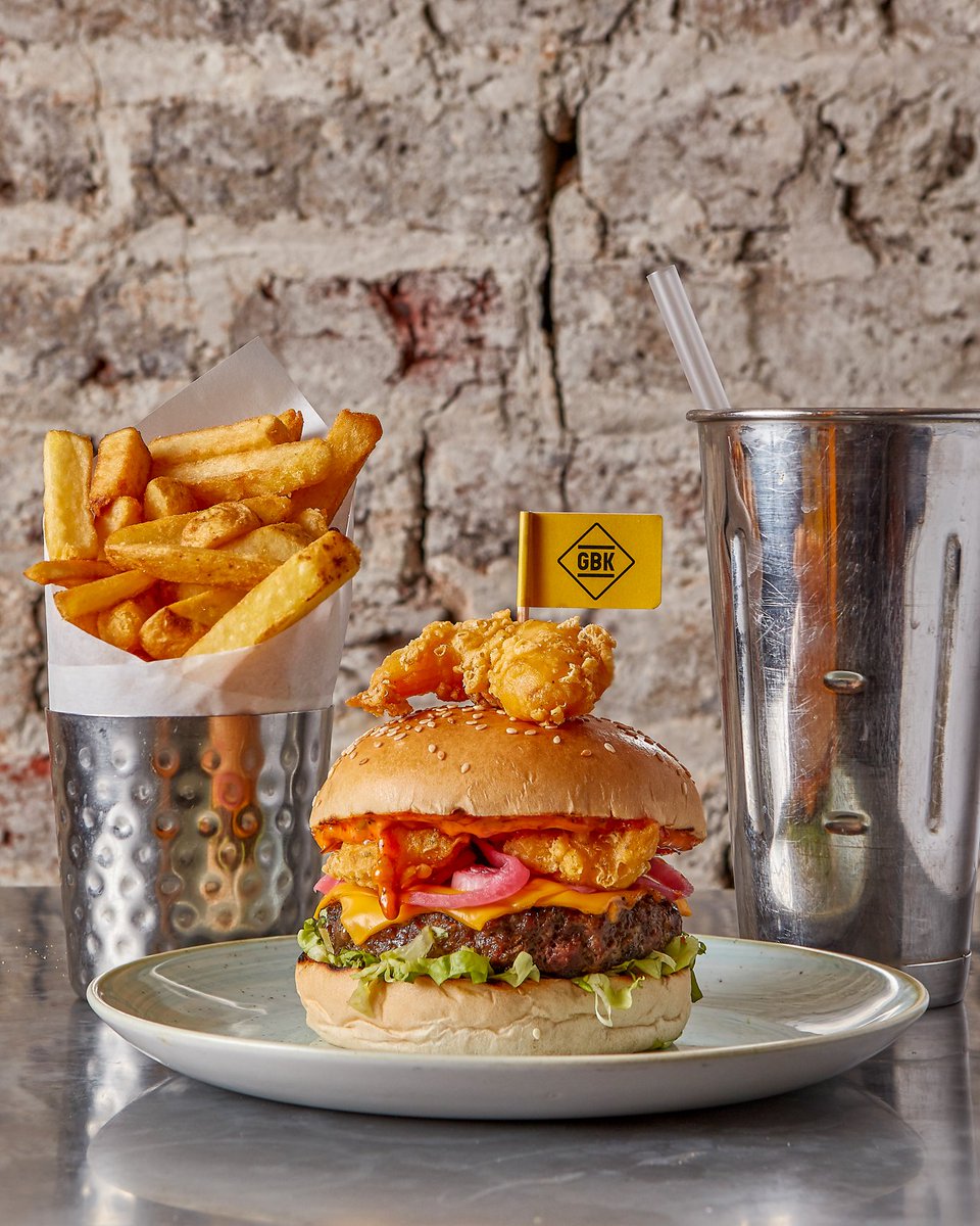 thehubmk's tweet photo. Surf 'n turf with @gbkburgers latest special – The Prawnstar! Featuring 6oz beef, American cheese, wasabi tempura prawns & Thousand Island sauce, it's summer direct to your tastebuds. Available solo/bundled up with fries & a drink! #HappyFriday #LunchIsSorted https://t.co/rdaQKTuITi