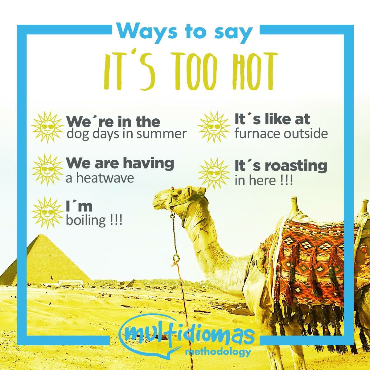 WikiUp_'s tweet photo. 🎶🎶Hace calor, hace calor....☀️🌡️ En un día de verano como hoy lo que pega es decir que tienes muuuuuuucho calor. ¿Cómo lo dirías en inglés?? 🤔🤔🤔 #WaysToSay #LearningEnglish #MultidiomasMethodology https://t.co/dMZFWHbxCz