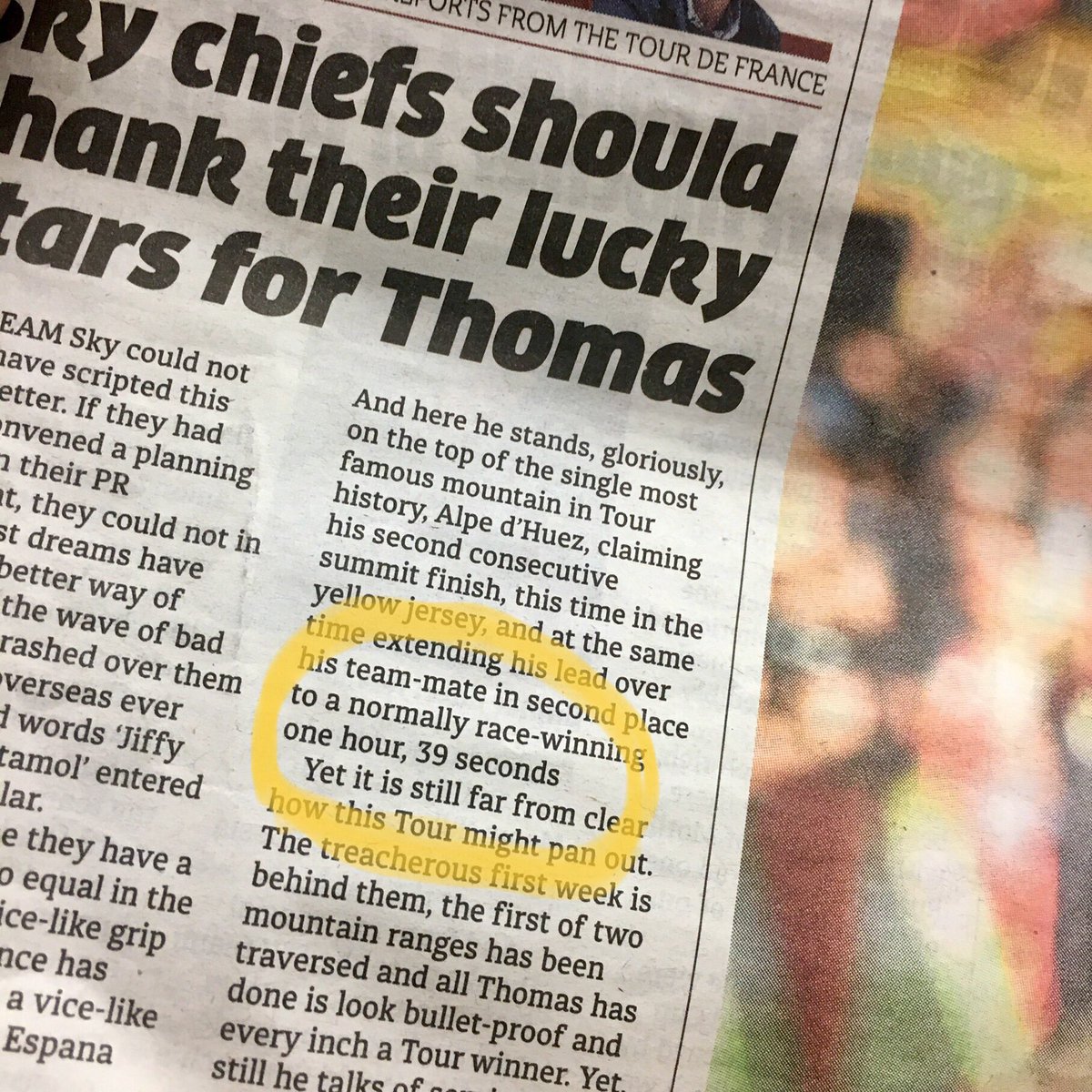 MJScorer's tweet photo. @nedboulting on @GeraintThomas86 in @MetroUKNews today (SubEds!) - now that would be a winning margin!! #PlanG for @SkyCycling in the #TourdeFrance2018 https://t.co/sKI8o2ZM5T