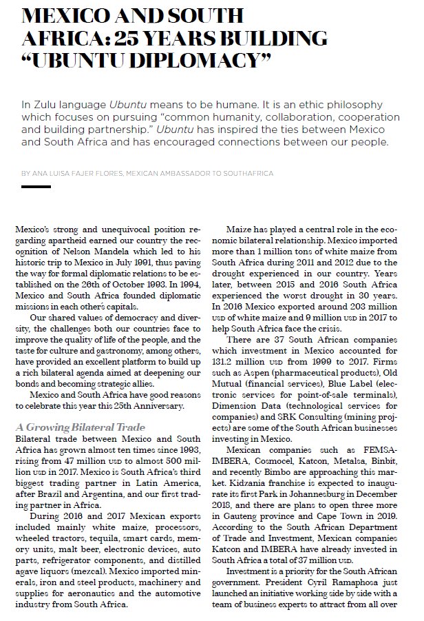 EmbaMexSud's tweet photo. #Mexico 🇲🇽 and #SouthAfrica 🇿🇦: 25 Years of Building #UbuntuDiplomacy featured in @ProMexico's July-August edition of #Negocios. https://t.co/bkq4HjNQvA