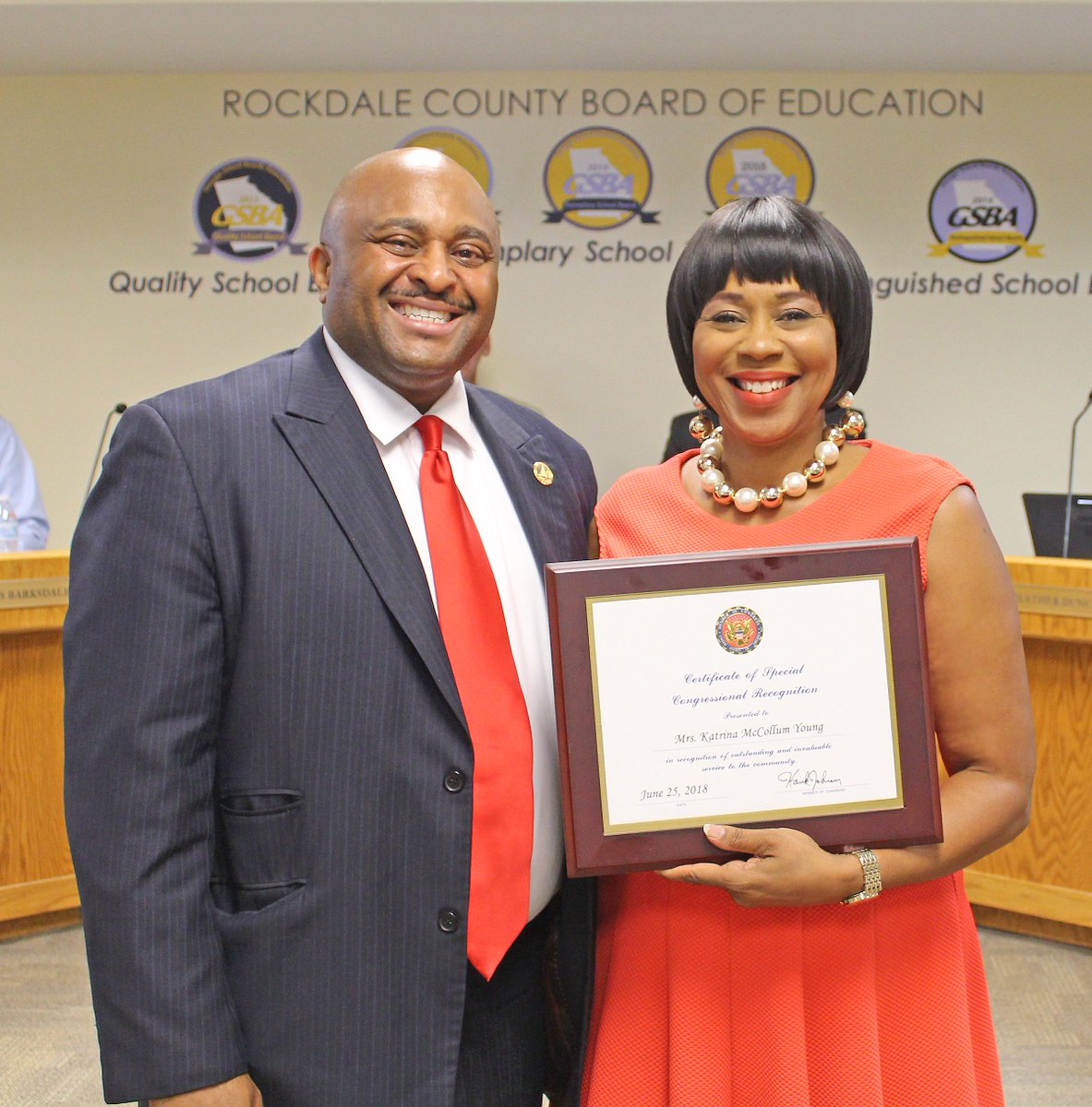 Rockdale County Board of Education member Katrina Young was recognized as this year's GSBA President; recognized by Congressman Hank Johnson's office, represented by Eric Hubbard